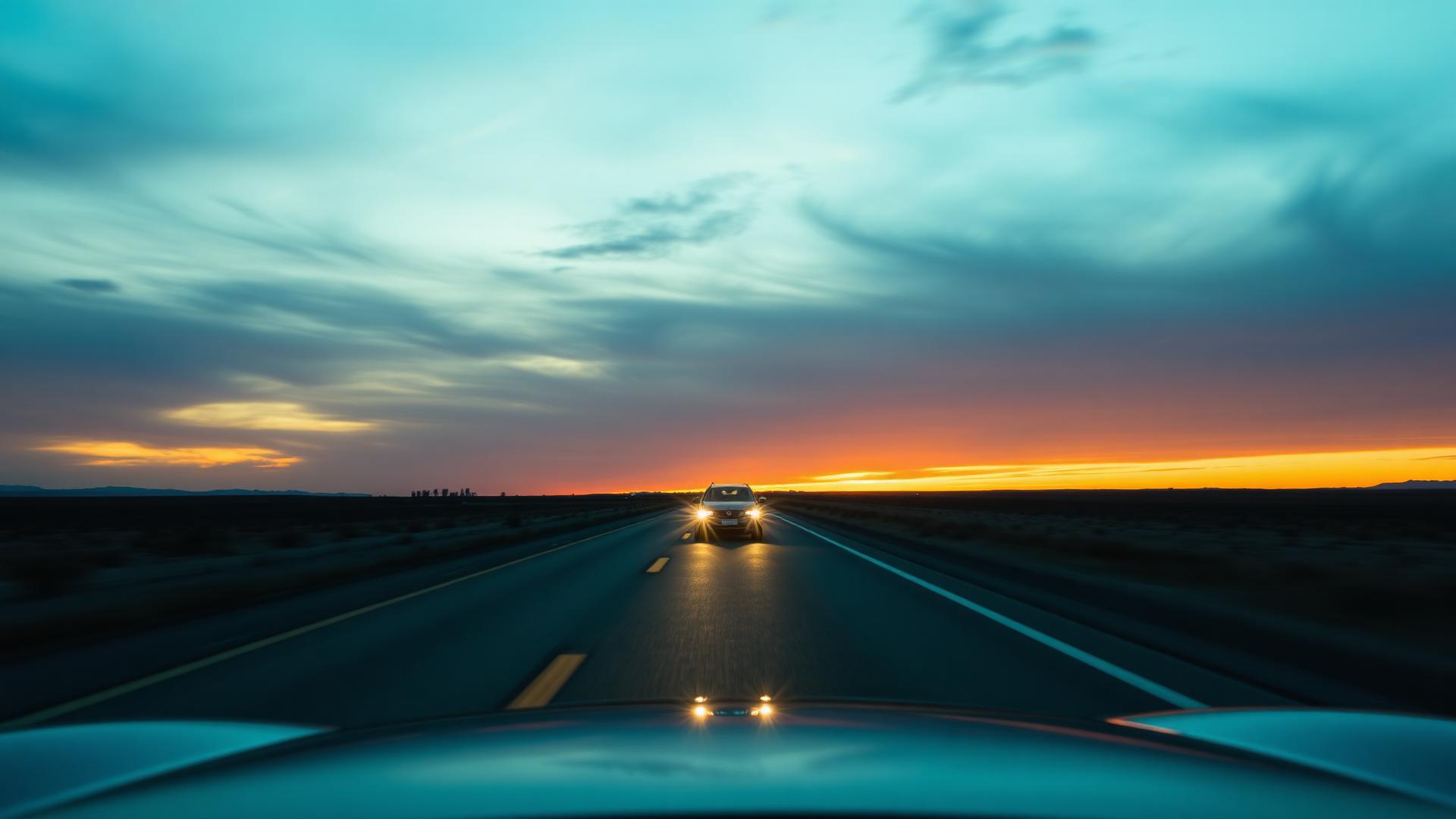 Vehicle driving on an open highway toward a glowing horizon at dusk